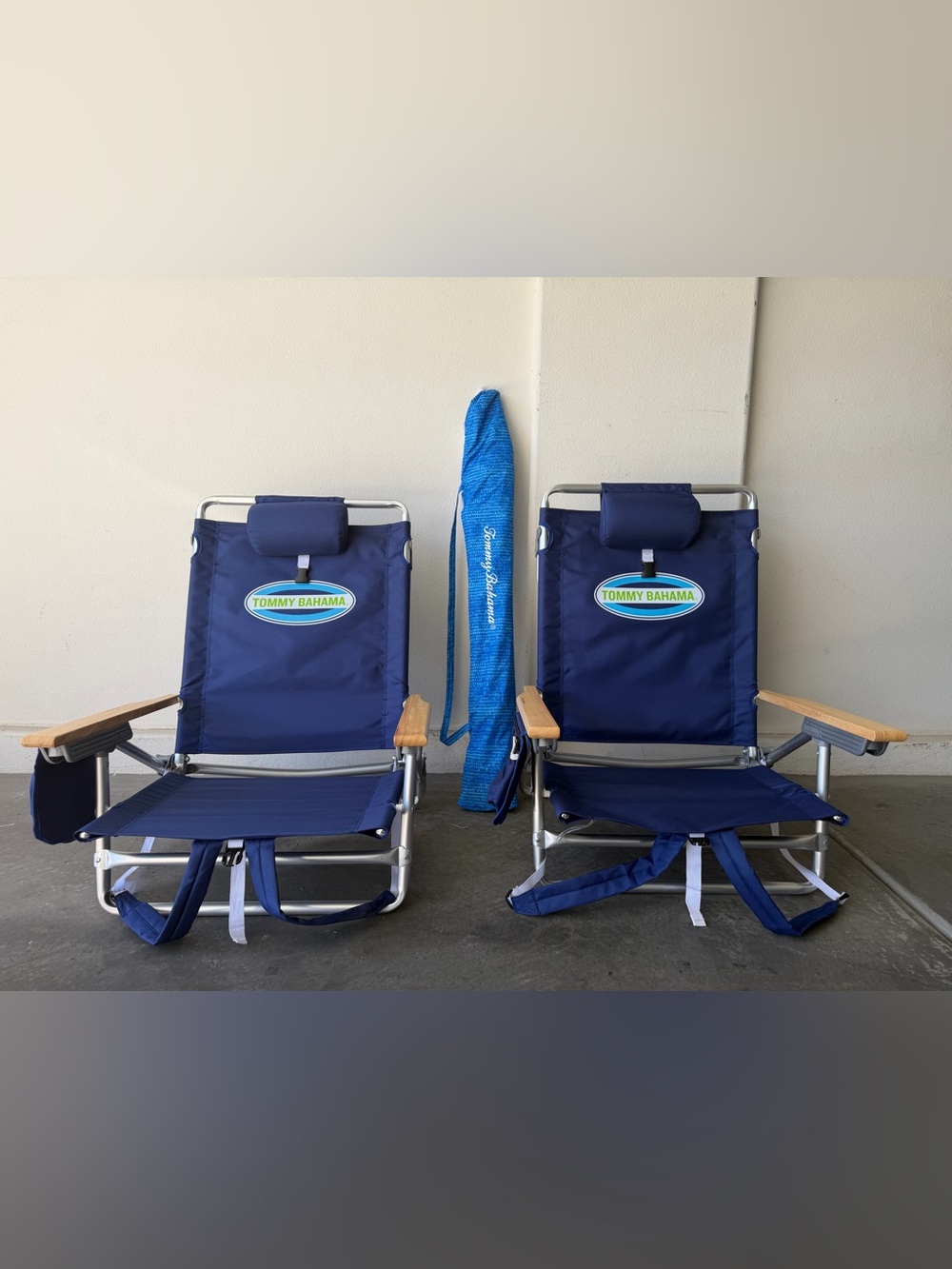 Tommy Bahama Navy Beach Chairs with matching umbrella